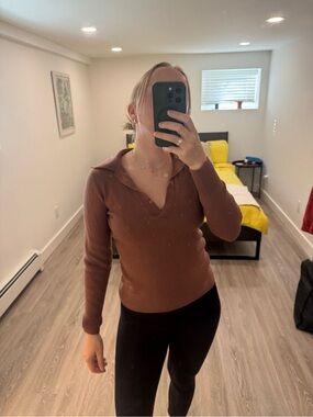 Babaton Brown Ribbed Merino Wool Blend Collared Sweater